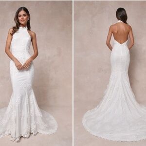 LULU's Bridal Wedding Elegant Floral Embroidered Halter Mermaid Trumpet Gown